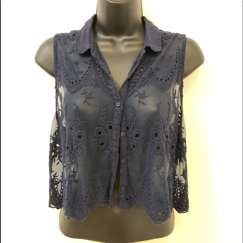 Navy blue see-thru floral blouse